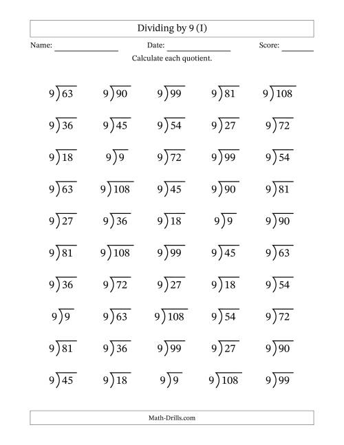 The Division Facts by a Fixed Divisor (9) and Quotients from 1 to 12 with Long Division Symbol/Bracket (50 questions) (I) Math Worksheet