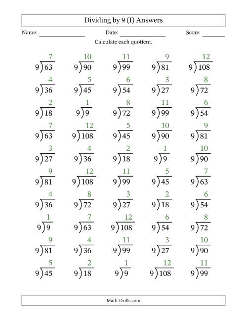 The Division Facts by a Fixed Divisor (9) and Quotients from 1 to 12 with Long Division Symbol/Bracket (50 questions) (I) Math Worksheet Page 2