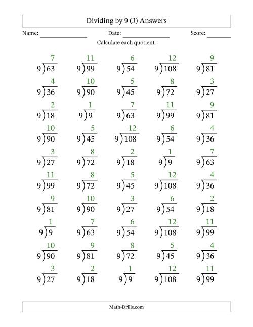 The Division Facts by a Fixed Divisor (9) and Quotients from 1 to 12 with Long Division Symbol/Bracket (50 questions) (J) Math Worksheet Page 2