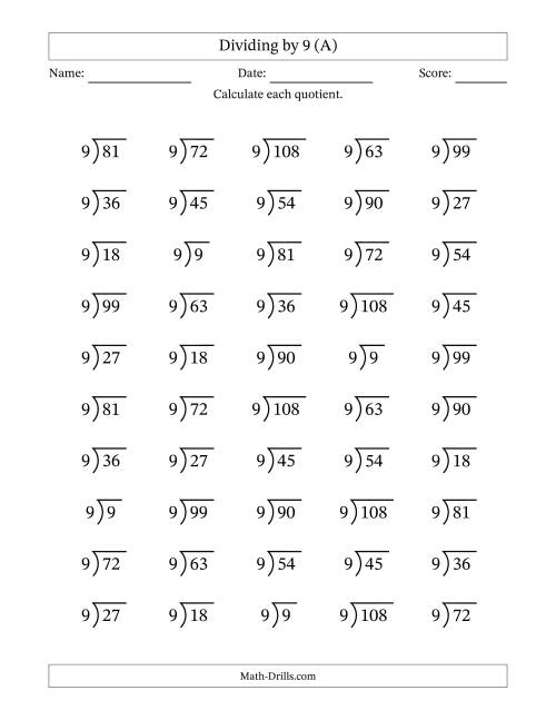 The Division Facts by a Fixed Divisor (9) and Quotients from 1 to 12 with Long Division Symbol/Bracket (50 questions) (All) Math Worksheet