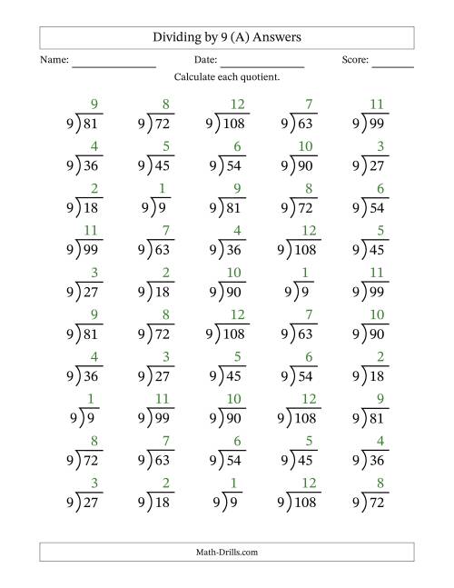 The Division Facts by a Fixed Divisor (9) and Quotients from 1 to 12 with Long Division Symbol/Bracket (50 questions) (All) Math Worksheet Page 2