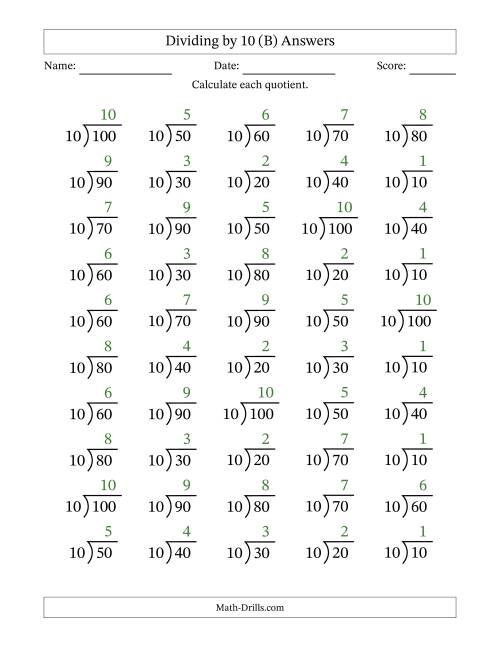 The Division Facts by a Fixed Divisor (10) and Quotients from 1 to 10 with Long Division Symbol/Bracket (50 questions) (B) Math Worksheet Page 2