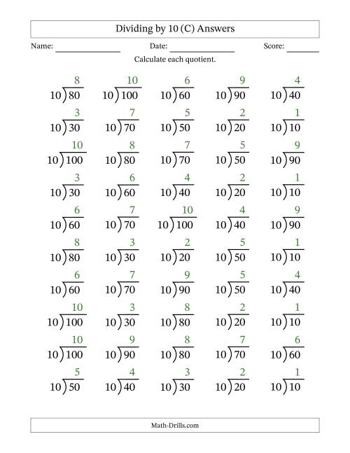 The Division Facts by a Fixed Divisor (10) and Quotients from 1 to 10 with Long Division Symbol/Bracket (50 questions) (C) Math Worksheet Page 2