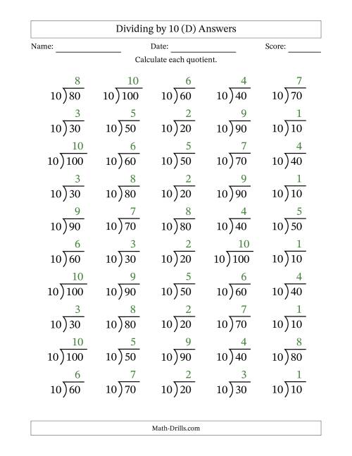 The Division Facts by a Fixed Divisor (10) and Quotients from 1 to 10 with Long Division Symbol/Bracket (50 questions) (D) Math Worksheet Page 2