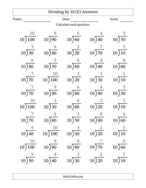 The Division Facts by a Fixed Divisor (10) and Quotients from 1 to 10 with Long Division Symbol/Bracket (50 questions) (E) Math Worksheet Page 2
