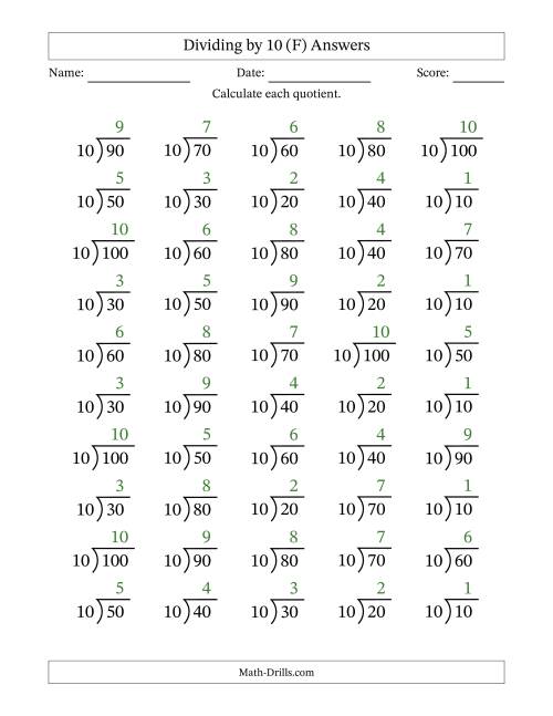 The Division Facts by a Fixed Divisor (10) and Quotients from 1 to 10 with Long Division Symbol/Bracket (50 questions) (F) Math Worksheet Page 2