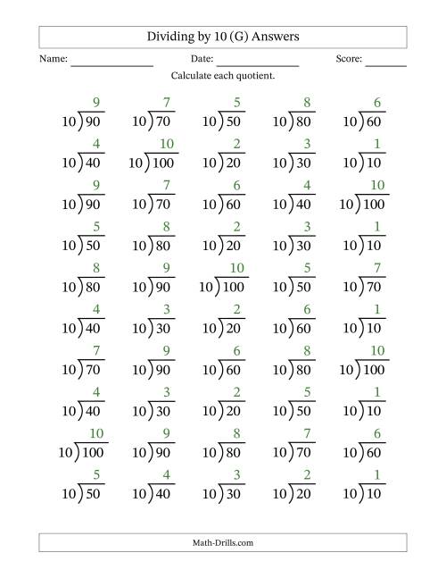 The Division Facts by a Fixed Divisor (10) and Quotients from 1 to 10 with Long Division Symbol/Bracket (50 questions) (G) Math Worksheet Page 2