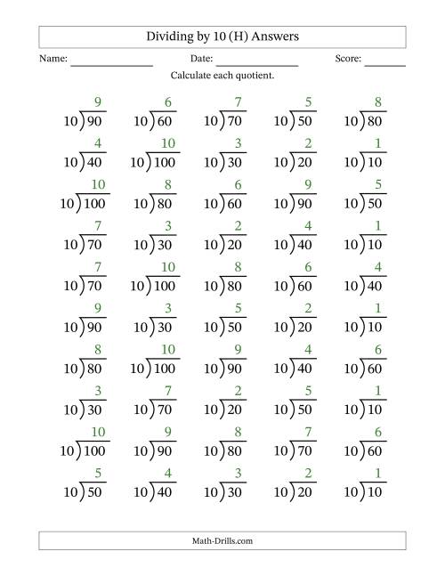 The Division Facts by a Fixed Divisor (10) and Quotients from 1 to 10 with Long Division Symbol/Bracket (50 questions) (H) Math Worksheet Page 2