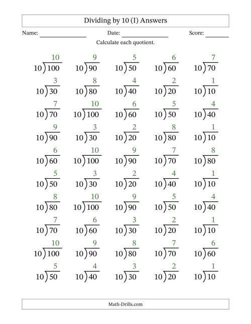 The Division Facts by a Fixed Divisor (10) and Quotients from 1 to 10 with Long Division Symbol/Bracket (50 questions) (I) Math Worksheet Page 2
