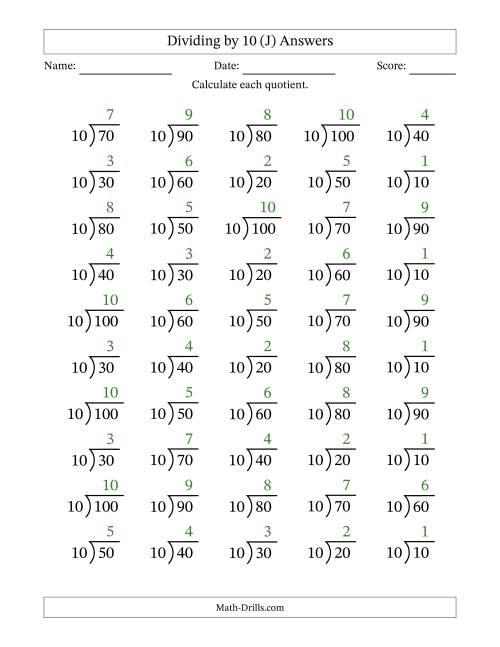 The Division Facts by a Fixed Divisor (10) and Quotients from 1 to 10 with Long Division Symbol/Bracket (50 questions) (J) Math Worksheet Page 2