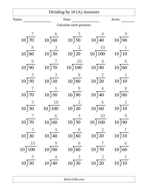 The Division Facts by a Fixed Divisor (10) and Quotients from 1 to 10 with Long Division Symbol/Bracket (50 questions) (All) Math Worksheet Page 2