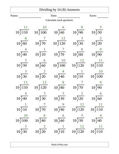 The Division Facts by a Fixed Divisor (10) and Quotients from 1 to 12 with Long Division Symbol/Bracket (50 questions) (B) Math Worksheet Page 2