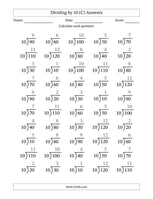 The Division Facts by a Fixed Divisor (10) and Quotients from 1 to 12 with Long Division Symbol/Bracket (50 questions) (C) Math Worksheet Page 2