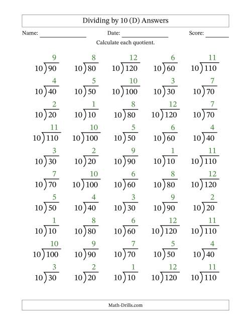 The Division Facts by a Fixed Divisor (10) and Quotients from 1 to 12 with Long Division Symbol/Bracket (50 questions) (D) Math Worksheet Page 2