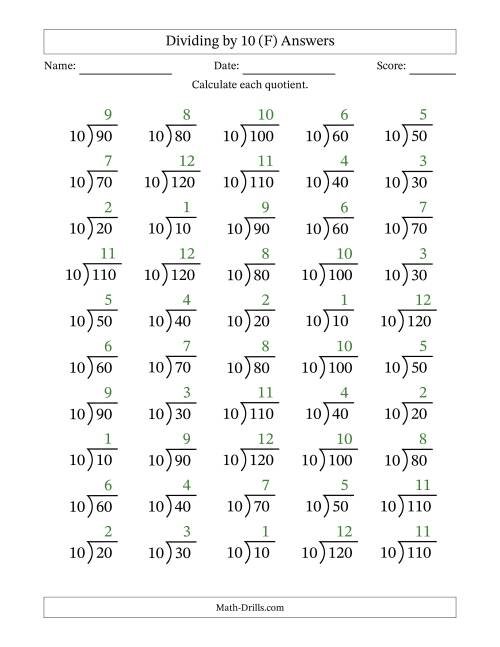 The Division Facts by a Fixed Divisor (10) and Quotients from 1 to 12 with Long Division Symbol/Bracket (50 questions) (F) Math Worksheet Page 2