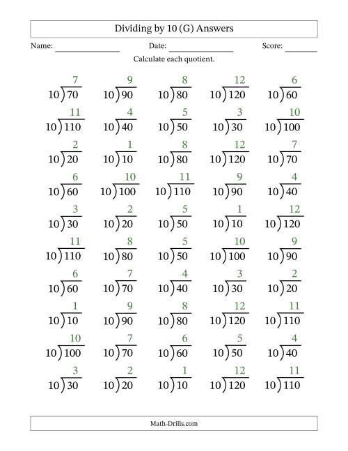 The Division Facts by a Fixed Divisor (10) and Quotients from 1 to 12 with Long Division Symbol/Bracket (50 questions) (G) Math Worksheet Page 2