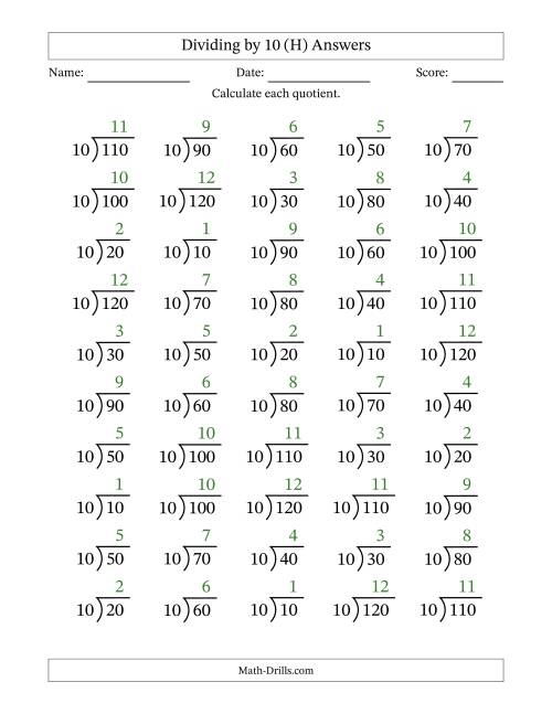The Division Facts by a Fixed Divisor (10) and Quotients from 1 to 12 with Long Division Symbol/Bracket (50 questions) (H) Math Worksheet Page 2