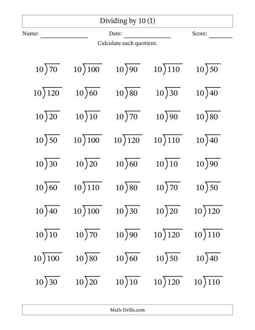 The Division Facts by a Fixed Divisor (10) and Quotients from 1 to 12 with Long Division Symbol/Bracket (50 questions) (I) Math Worksheet