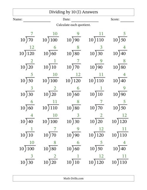 The Division Facts by a Fixed Divisor (10) and Quotients from 1 to 12 with Long Division Symbol/Bracket (50 questions) (I) Math Worksheet Page 2