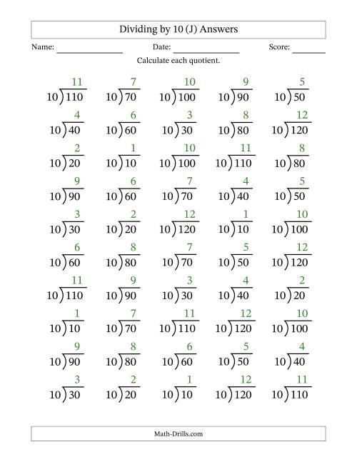 The Division Facts by a Fixed Divisor (10) and Quotients from 1 to 12 with Long Division Symbol/Bracket (50 questions) (J) Math Worksheet Page 2