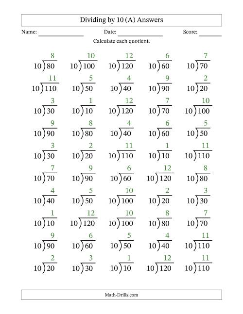 The Division Facts by a Fixed Divisor (10) and Quotients from 1 to 12 with Long Division Symbol/Bracket (50 questions) (All) Math Worksheet Page 2