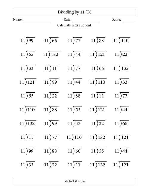 The Division Facts by a Fixed Divisor (11) and Quotients from 1 to 12 with Long Division Symbol/Bracket (50 questions) (B) Math Worksheet