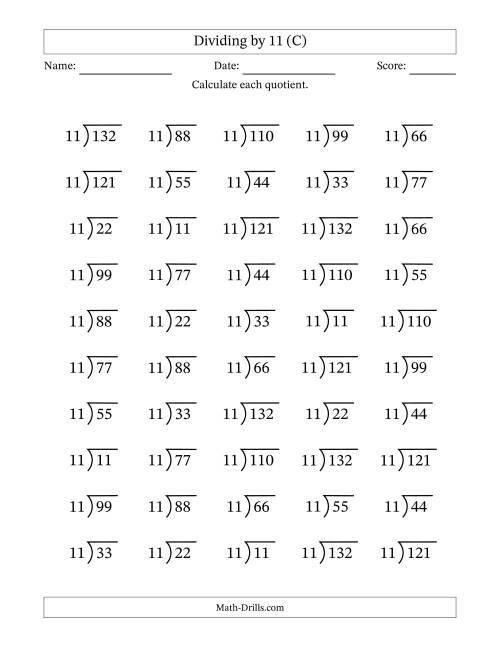The Division Facts by a Fixed Divisor (11) and Quotients from 1 to 12 with Long Division Symbol/Bracket (50 questions) (C) Math Worksheet