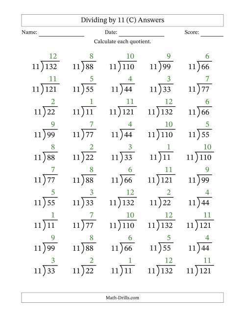 The Division Facts by a Fixed Divisor (11) and Quotients from 1 to 12 with Long Division Symbol/Bracket (50 questions) (C) Math Worksheet Page 2