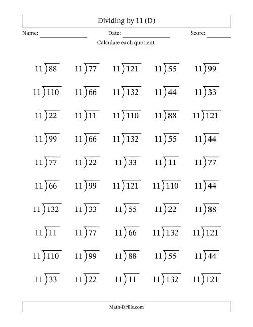 The Division Facts by a Fixed Divisor (11) and Quotients from 1 to 12 with Long Division Symbol/Bracket (50 questions) (D) Math Worksheet