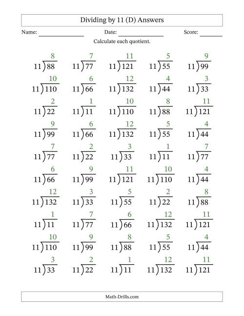 The Division Facts by a Fixed Divisor (11) and Quotients from 1 to 12 with Long Division Symbol/Bracket (50 questions) (D) Math Worksheet Page 2