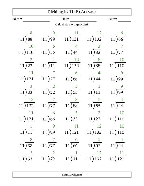 The Division Facts by a Fixed Divisor (11) and Quotients from 1 to 12 with Long Division Symbol/Bracket (50 questions) (E) Math Worksheet Page 2