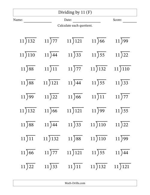 The Division Facts by a Fixed Divisor (11) and Quotients from 1 to 12 with Long Division Symbol/Bracket (50 questions) (F) Math Worksheet