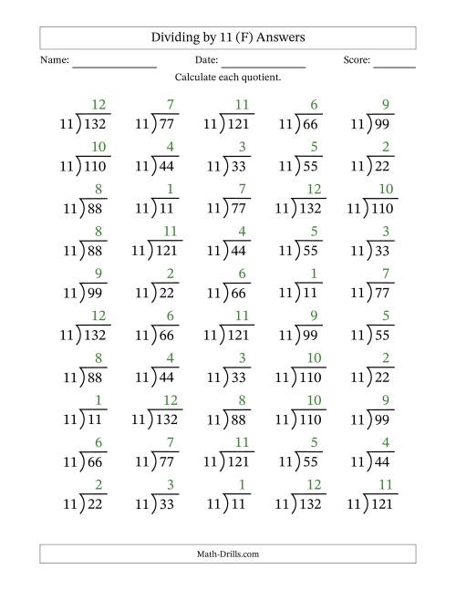 The Division Facts by a Fixed Divisor (11) and Quotients from 1 to 12 with Long Division Symbol/Bracket (50 questions) (F) Math Worksheet Page 2