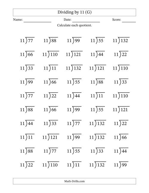 The Division Facts by a Fixed Divisor (11) and Quotients from 1 to 12 with Long Division Symbol/Bracket (50 questions) (G) Math Worksheet