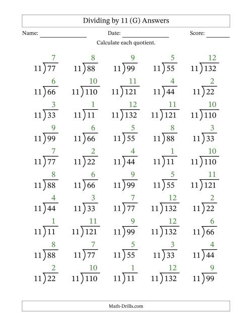 The Division Facts by a Fixed Divisor (11) and Quotients from 1 to 12 with Long Division Symbol/Bracket (50 questions) (G) Math Worksheet Page 2