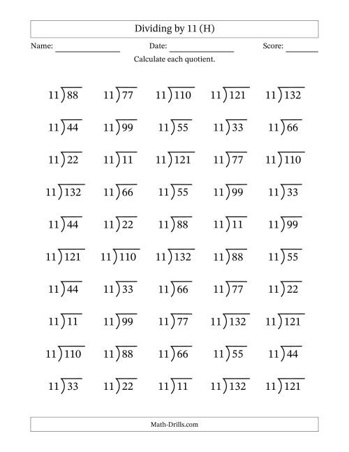 The Division Facts by a Fixed Divisor (11) and Quotients from 1 to 12 with Long Division Symbol/Bracket (50 questions) (H) Math Worksheet