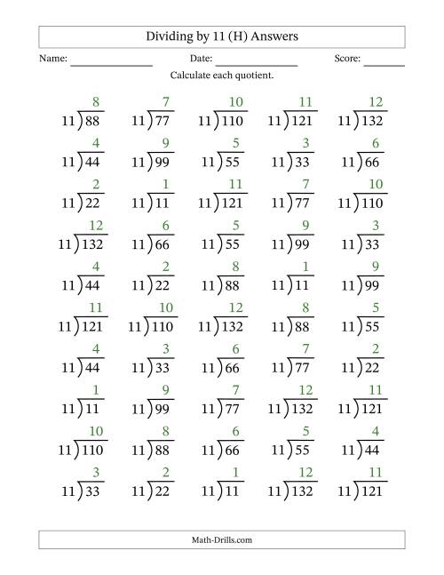 The Division Facts by a Fixed Divisor (11) and Quotients from 1 to 12 with Long Division Symbol/Bracket (50 questions) (H) Math Worksheet Page 2