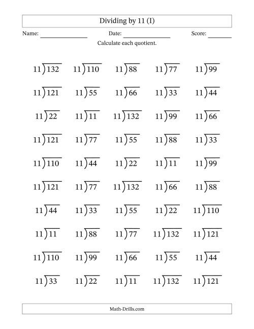 The Division Facts by a Fixed Divisor (11) and Quotients from 1 to 12 with Long Division Symbol/Bracket (50 questions) (I) Math Worksheet
