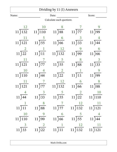 The Division Facts by a Fixed Divisor (11) and Quotients from 1 to 12 with Long Division Symbol/Bracket (50 questions) (I) Math Worksheet Page 2
