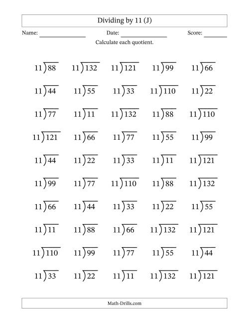 The Division Facts by a Fixed Divisor (11) and Quotients from 1 to 12 with Long Division Symbol/Bracket (50 questions) (J) Math Worksheet