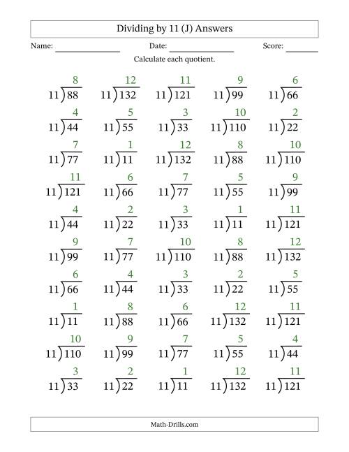 The Division Facts by a Fixed Divisor (11) and Quotients from 1 to 12 with Long Division Symbol/Bracket (50 questions) (J) Math Worksheet Page 2