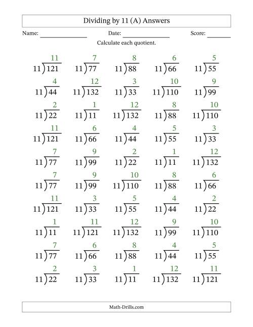 The Division Facts by a Fixed Divisor (11) and Quotients from 1 to 12 with Long Division Symbol/Bracket (50 questions) (All) Math Worksheet Page 2