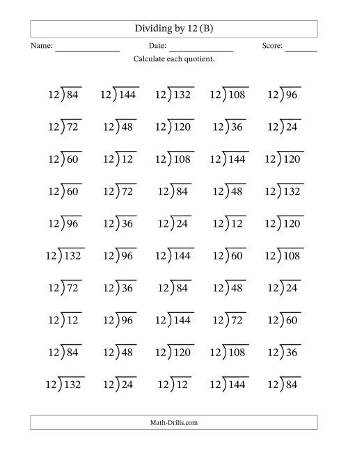 The Division Facts by a Fixed Divisor (12) and Quotients from 1 to 12 with Long Division Symbol/Bracket (50 questions) (B) Math Worksheet