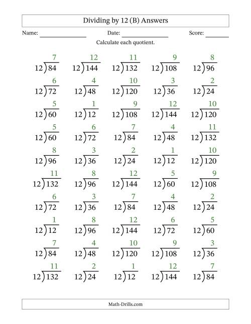 The Division Facts by a Fixed Divisor (12) and Quotients from 1 to 12 with Long Division Symbol/Bracket (50 questions) (B) Math Worksheet Page 2