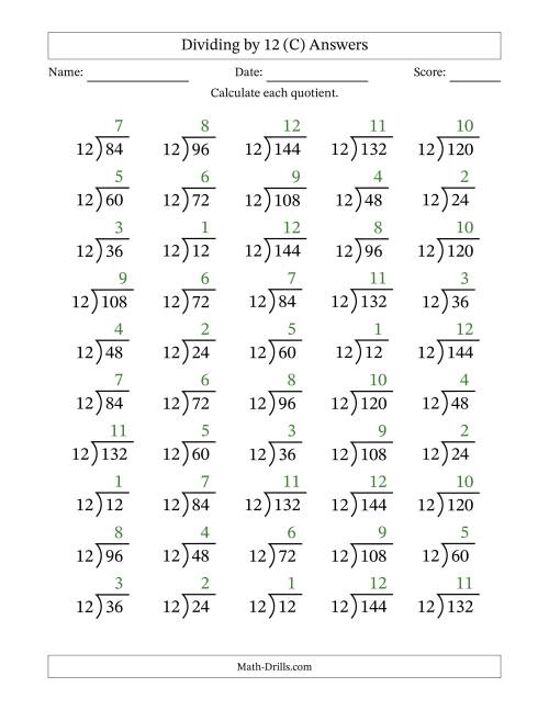 The Division Facts by a Fixed Divisor (12) and Quotients from 1 to 12 with Long Division Symbol/Bracket (50 questions) (C) Math Worksheet Page 2