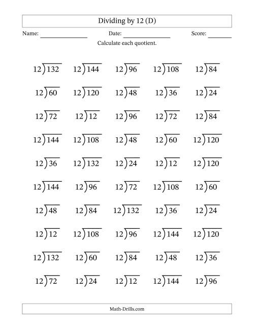 The Division Facts by a Fixed Divisor (12) and Quotients from 1 to 12 with Long Division Symbol/Bracket (50 questions) (D) Math Worksheet