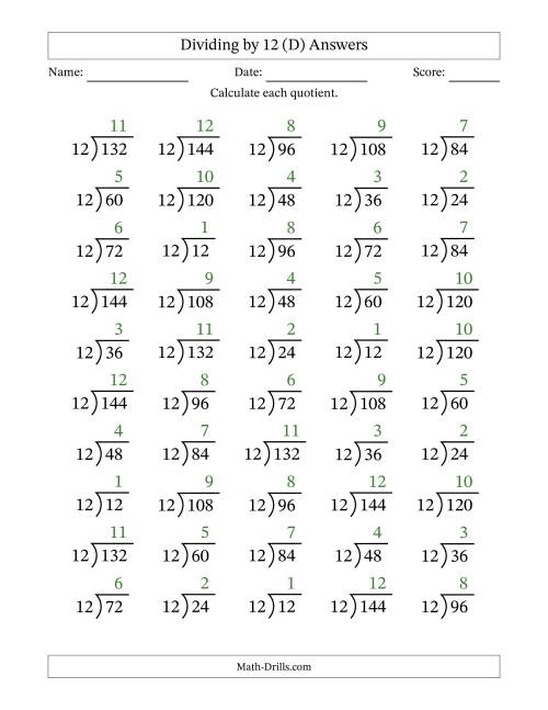 The Division Facts by a Fixed Divisor (12) and Quotients from 1 to 12 with Long Division Symbol/Bracket (50 questions) (D) Math Worksheet Page 2
