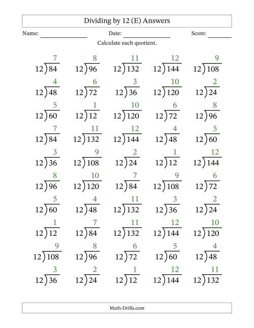The Division Facts by a Fixed Divisor (12) and Quotients from 1 to 12 with Long Division Symbol/Bracket (50 questions) (E) Math Worksheet Page 2