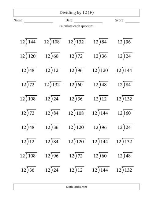 The Division Facts by a Fixed Divisor (12) and Quotients from 1 to 12 with Long Division Symbol/Bracket (50 questions) (F) Math Worksheet
