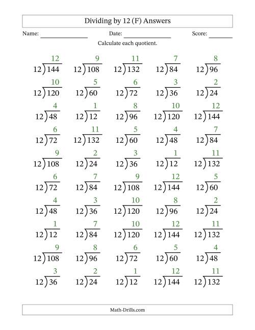 The Division Facts by a Fixed Divisor (12) and Quotients from 1 to 12 with Long Division Symbol/Bracket (50 questions) (F) Math Worksheet Page 2